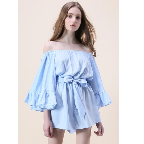 Chicwish Pants - NWT Chicwish blue ruffle off-shoulder romper Chicwish Pants - NWT Chicwish blue ruffle off-shoulder romper